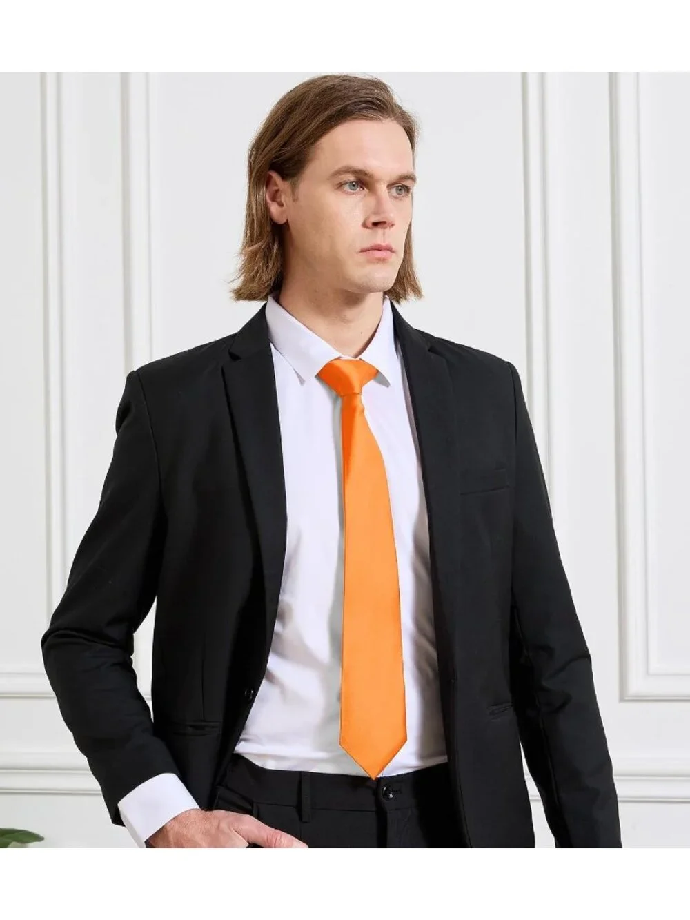 Men's Orange Solid Microfiber Plain Formal Silk Necktie For Business Dress Tie